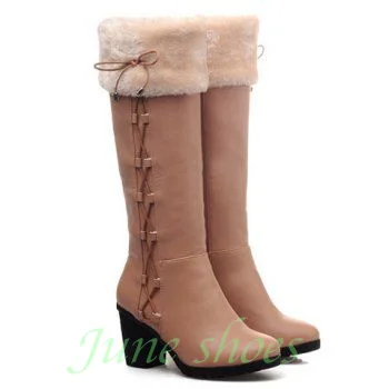 Gladiator Style Chunky Heel Knee-High Winter Boots Apricot Faux Pu Furry Cuff Back Lace-Up Bowtie Design Women Warm Knee Boots
