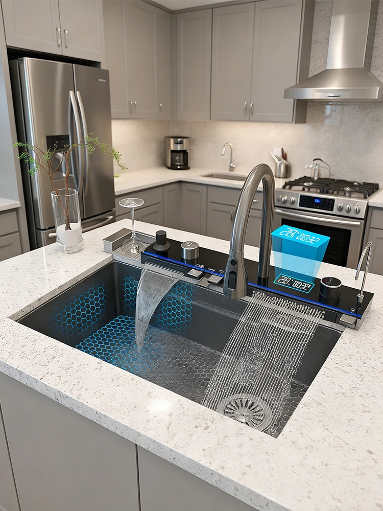 Multifunctionele keukenkranen Nieuwe RVS watervalkeukenkraan Geëmbosseerd digitaal display Grote enkele spoelbak EU magazijn - afbeelding 2