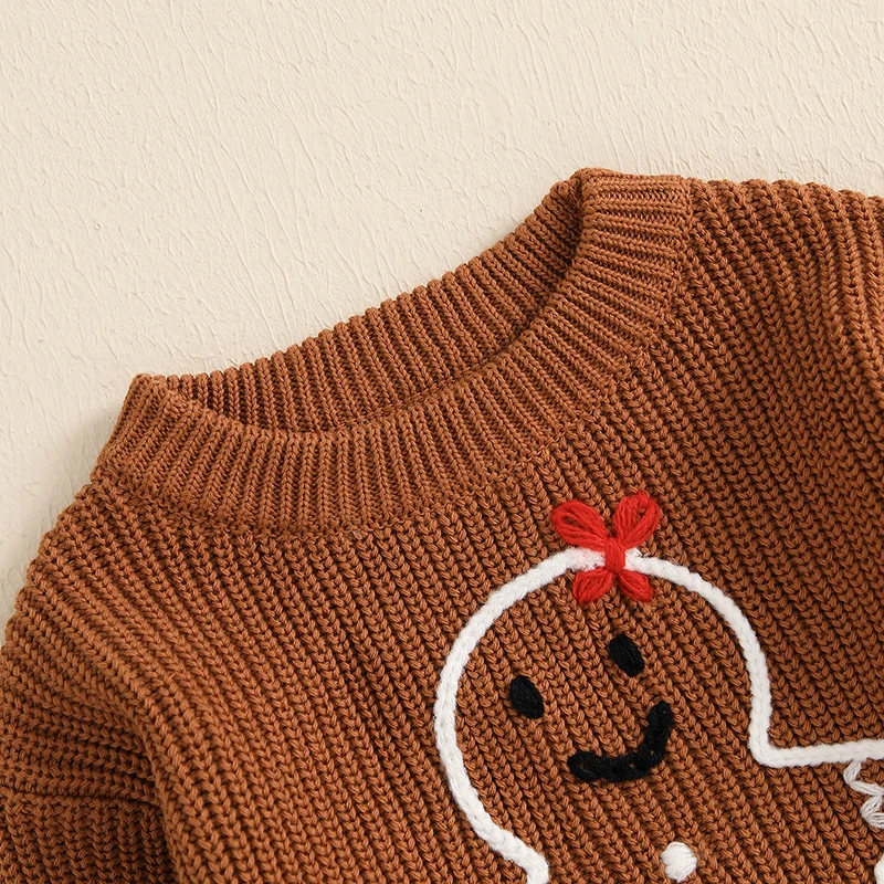 2024-08-02 Lioraitiin Toddler Girl Boy Sweater Christmas Clothes Gingerbread Man Embroidery Long Sleeve Kids Pullovers Fall Tops