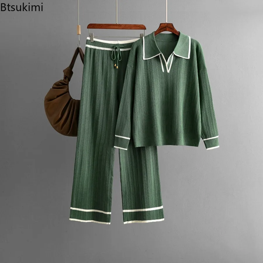 Autumn Winter Knitted 2-piece Sets Women's Turn-down Collar Loose Pullover Tops+High Waist Drawstring Wide Leg Pants Casual Suit