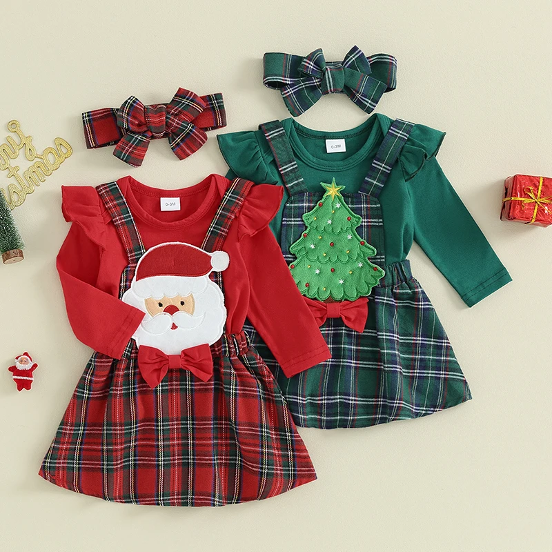 Baby Girl Christmas Outfits Solid Color Long Sleeve Rompers Santa/Tree Patch Plaid Suspender Skirts Headband 3Pcs Clothes Set