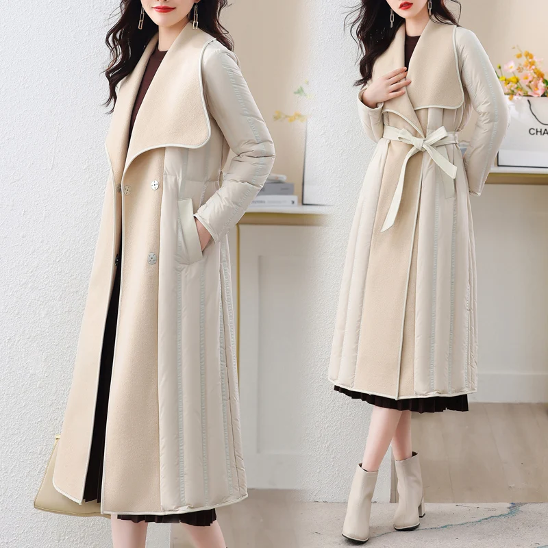 2026 Winter Double-sided Cashmere Spliced Down Jacket Women's White Duck Down Coats Long Overcoat Sashes Streetwear Outerwear