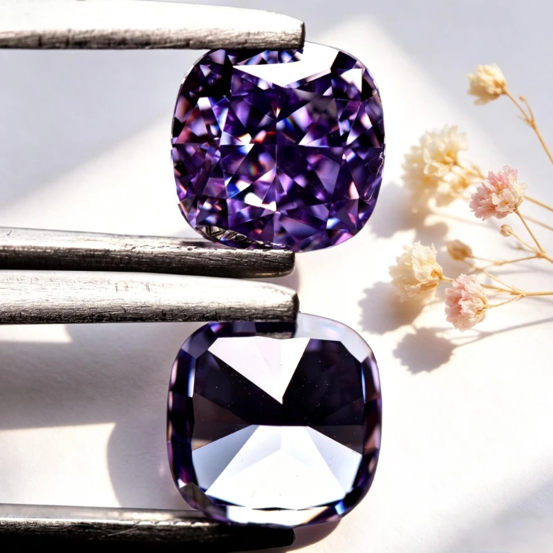 Kubisches Zirkonium, Crushed-Ice-Schliff, quadratische Kissenform, lila Farbe, 5A+ Qualität, CZ, 4K-Schliff, hochkarätiger Diamant – Detail 2