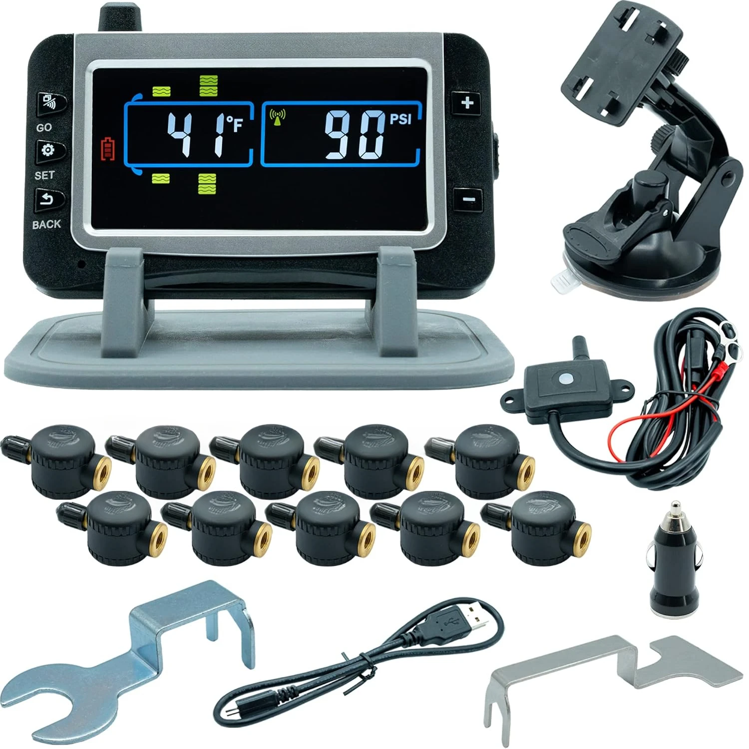 507 Tire Pressure Monitoring System with 10 Flow Thru Sensors and Color Display for Metal Valve Stems