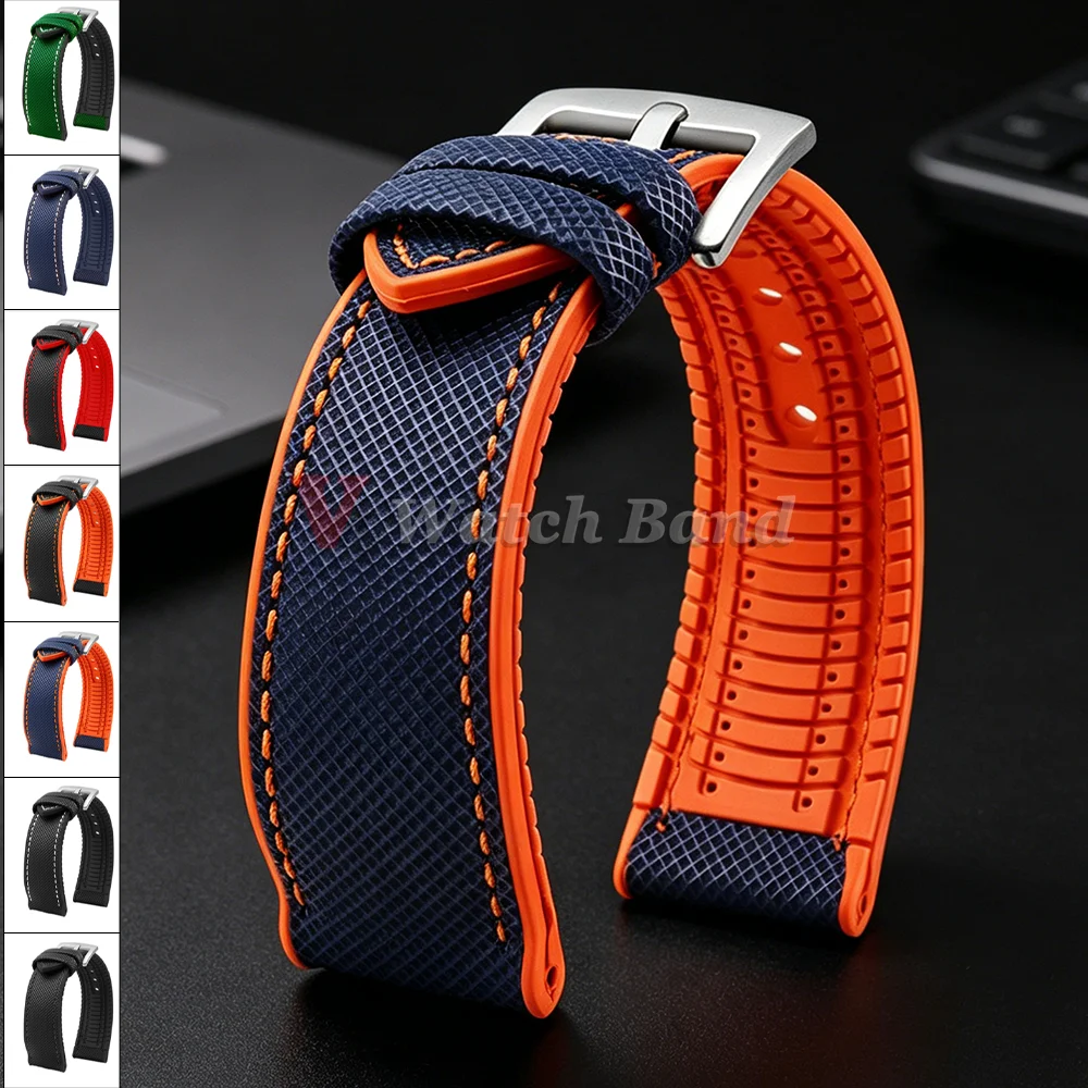 New Nylon Sailcloth Rubber Hybrid Watch Strap 18mm 20mm 21mm 22mm Orange Blue Bracelets Universal Silicone Waterproof Watch Band