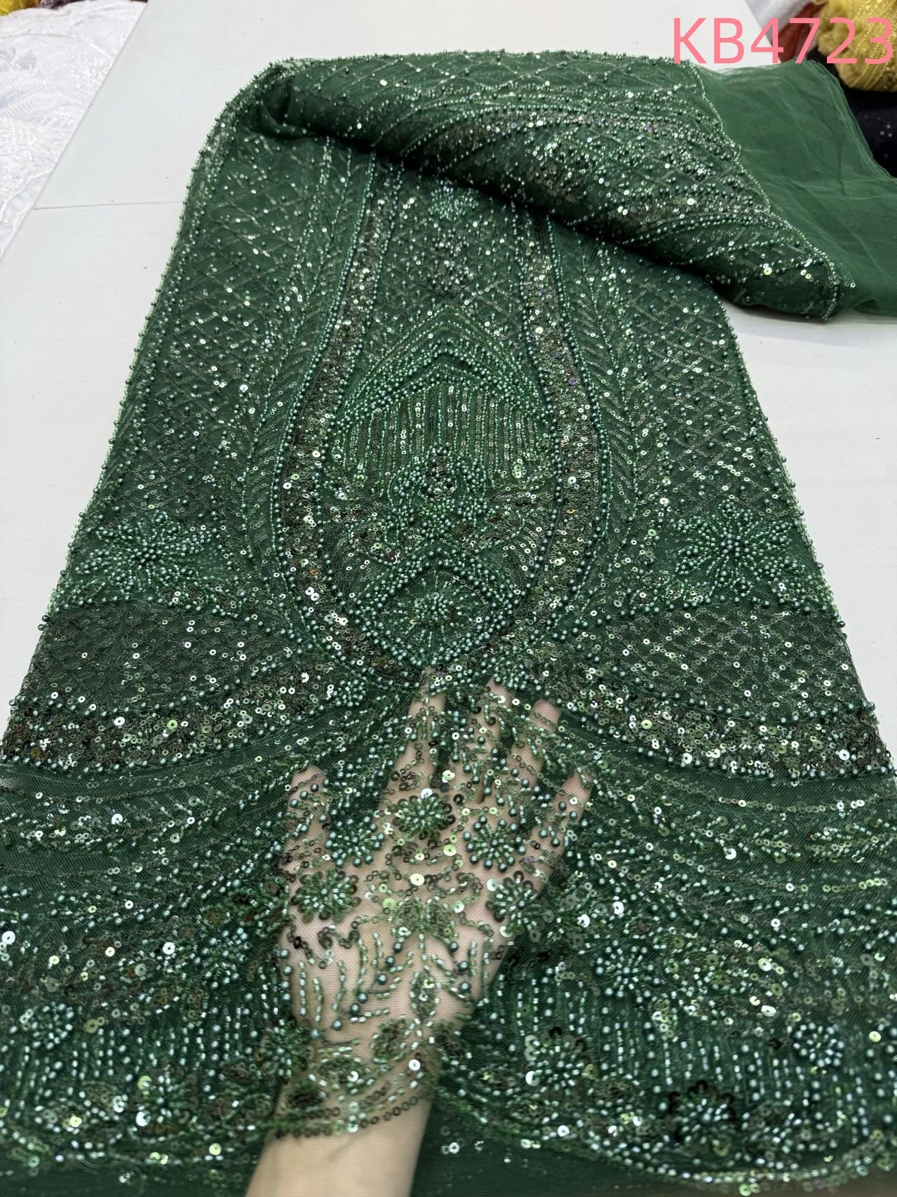 

5 Yards Dubai Lace Fabrics Quality 2024 Green Beaded French Mesh Lace Fabrics Sequins Tulle Lace For Wedding Dress KB4723