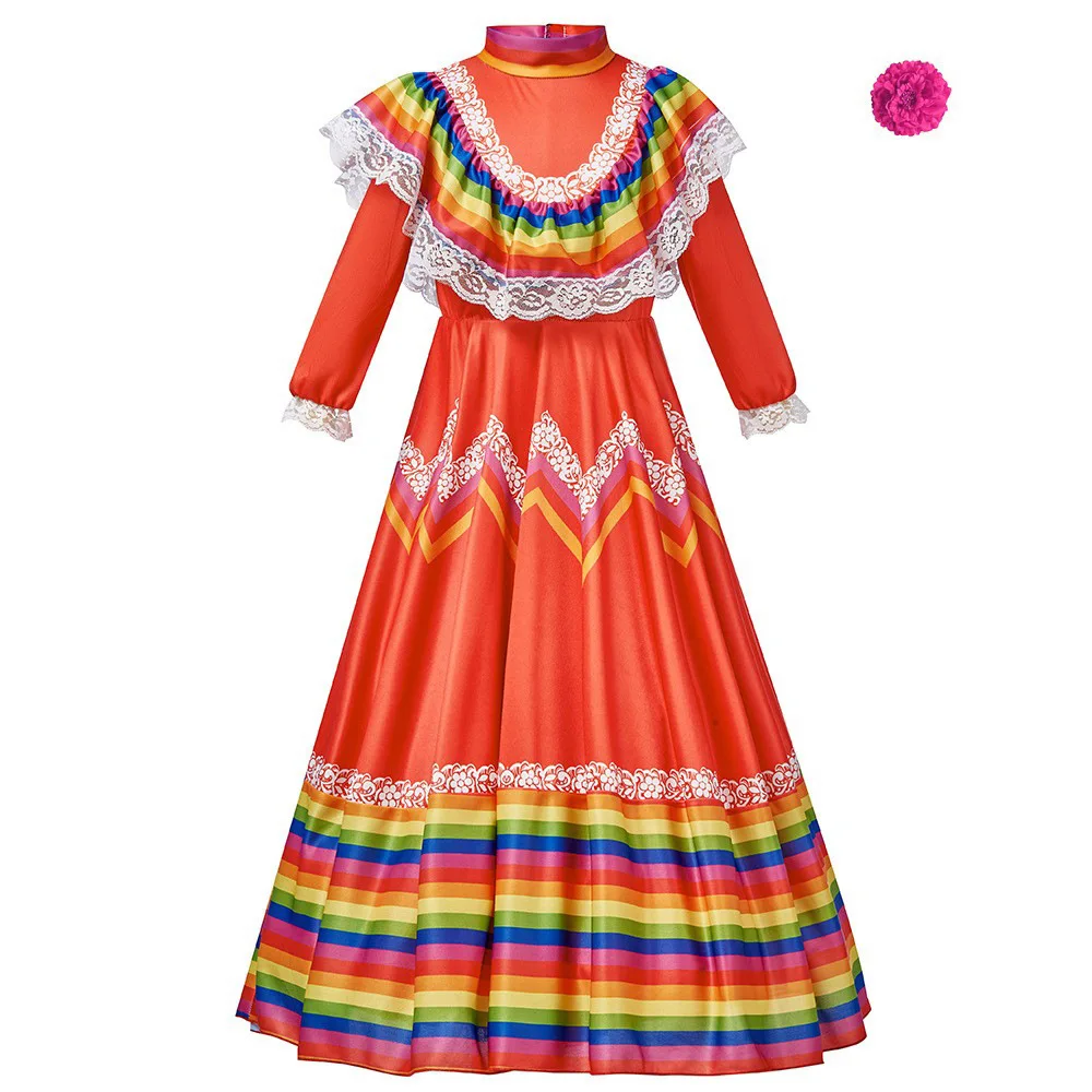 Girls Mexican Traditional Folk Dancer Dress Colorful Stripe Dress with Flower Hair Clip Festival Dance Stage Performance Costume