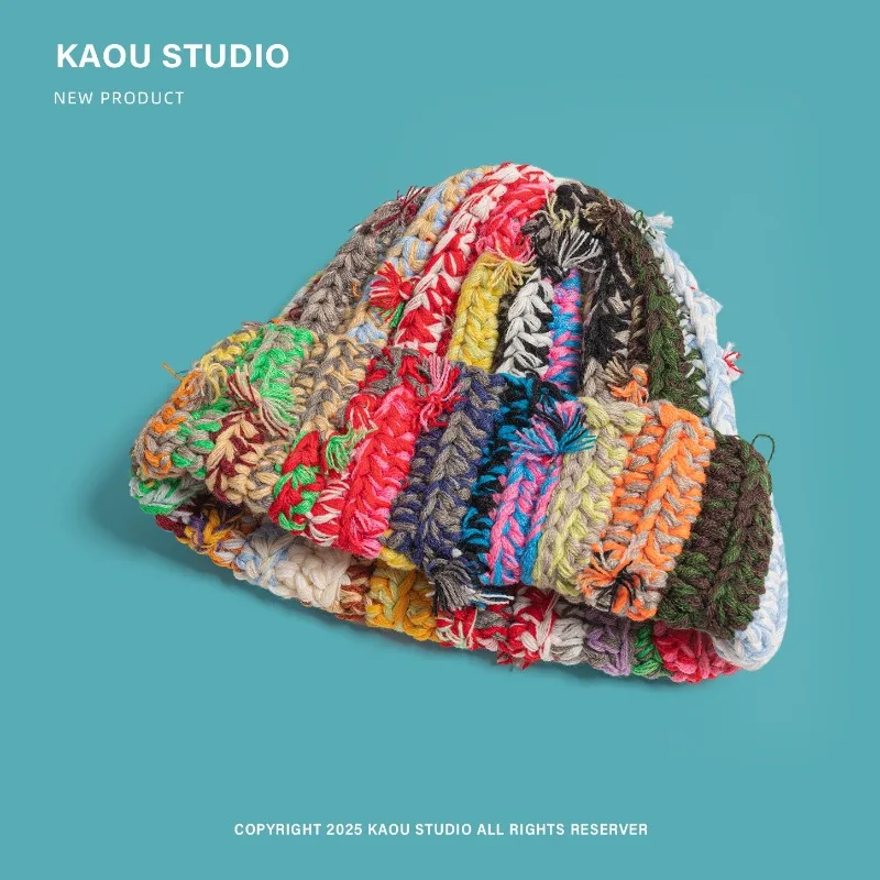 New Handmade Crochet Colored Striped Pullover Hats for Men and Women Winter Warm Versatile Retro Thick Thread Knitted Beanies