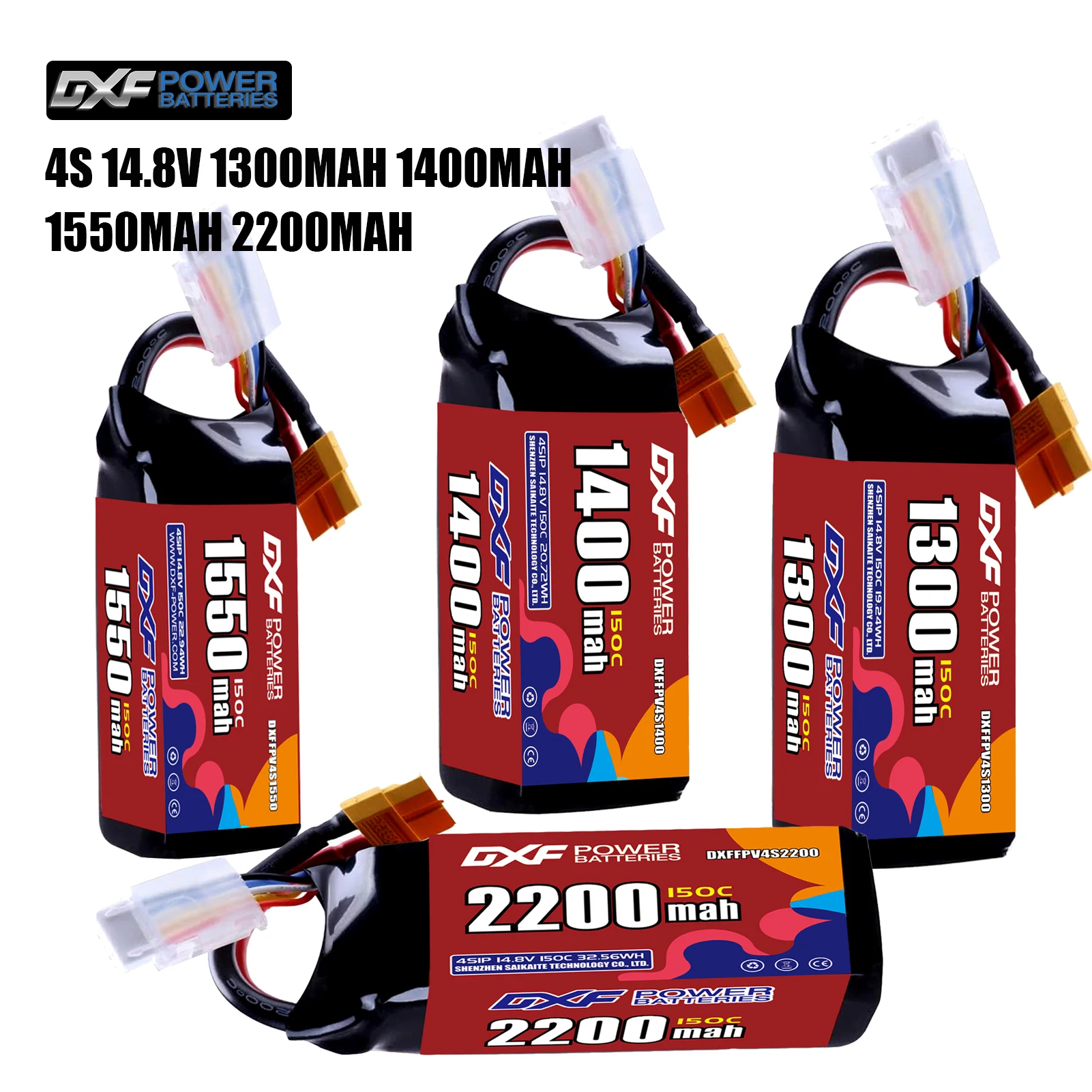 Bateria DXF Lipo 4S 14,8V 1550mAh 2200mAh 1400mAh 1300mAh 150C com plugue XT30 XT60 JST para helicóptero FPV Quadcopter Drone