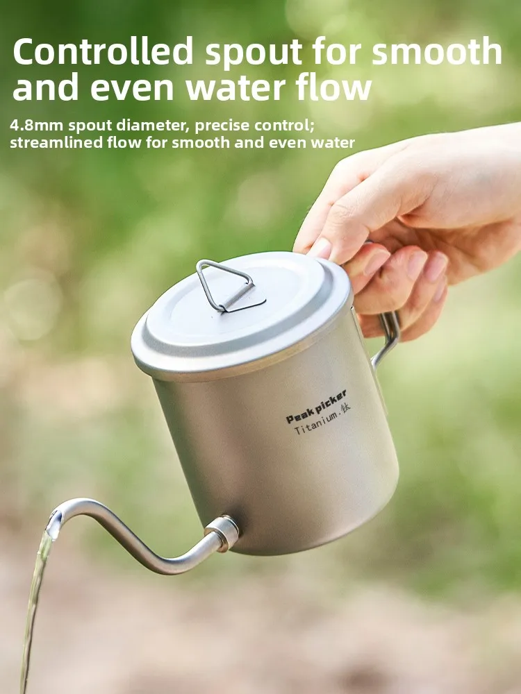 

Portable Lightweight Pure Titanium Outdoor Cam Coffee Pot Hand-Poured Staing Design Qui Release Outdoor Water Boiler