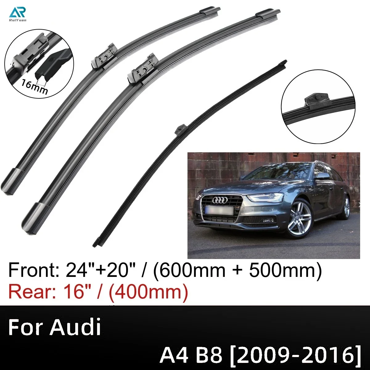 

For Audi A4 B8 2009-2016 24"+20"+16" Front Rear Wiper Blades Brushes Cutter Accessories 2009 2010 2011 2012 2013 2014 2015 2016