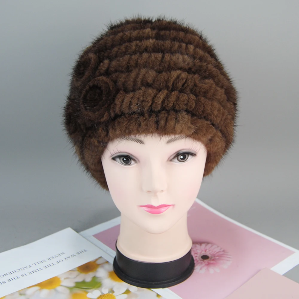 ขายร้อนถักหรูหราธรรมชาติ Mink Fur หมวกรัสเซียผู้หญิงดอกไม้ของแท้ Mink Fur Beanies หมวก Lady ฤดูหนาว Warm Mink Fur หมวก