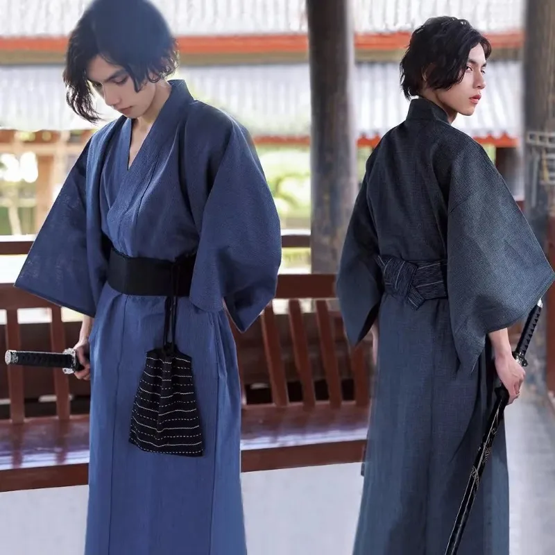 Traditional Japanese Kimono Fashion Yukata Summer Men Long Robes With Belt Set Male Sleepwear Bathrobe