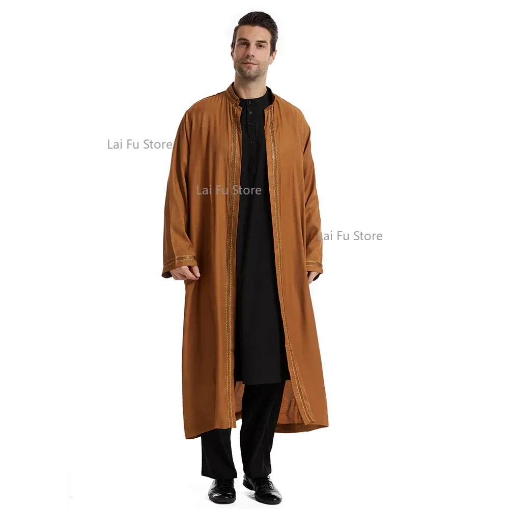 عباية مفتوحة للرجال مسلم سعودي جوبا ملابس إسلامية رمضان كيمونو كم طويل رداء قفطان دبي فستان عربي بياقة واقفة