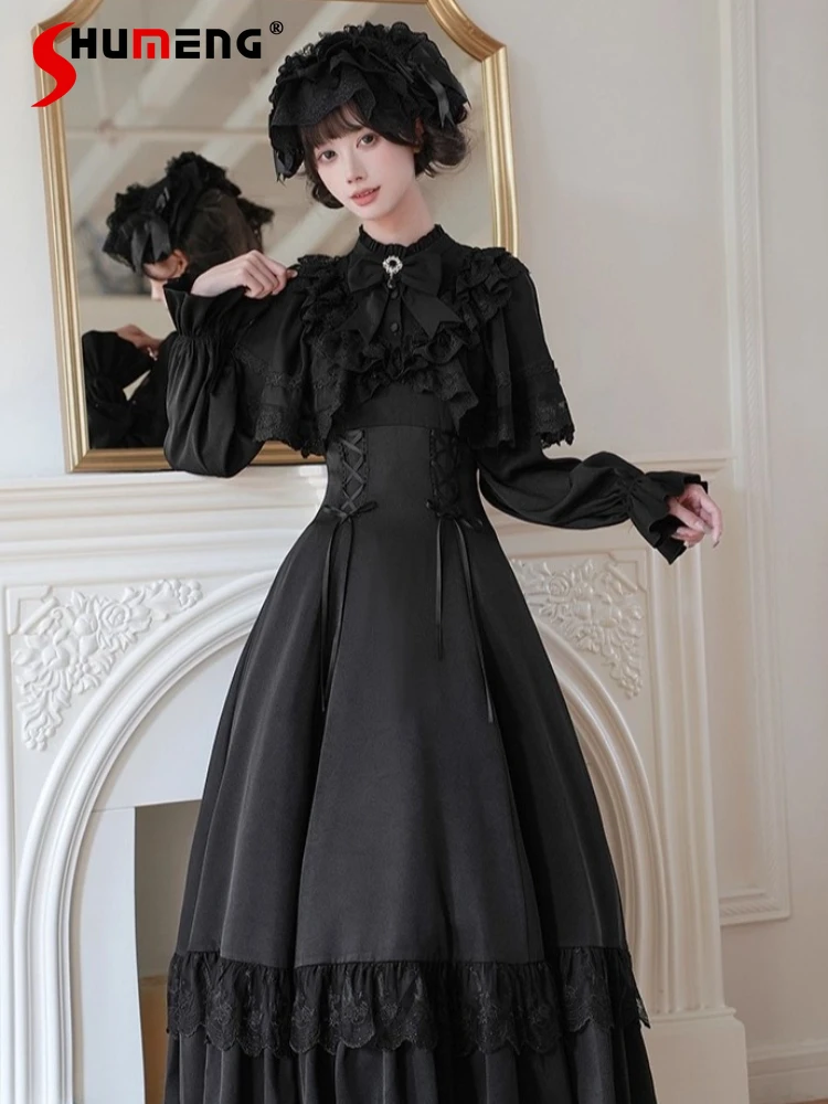 

French Elegant Lolita Retro Black Long Dresses Op 2025 New Women's Slim Fit Sweet Ruffled Lace Cape Long Sleeve Dress Vestidos