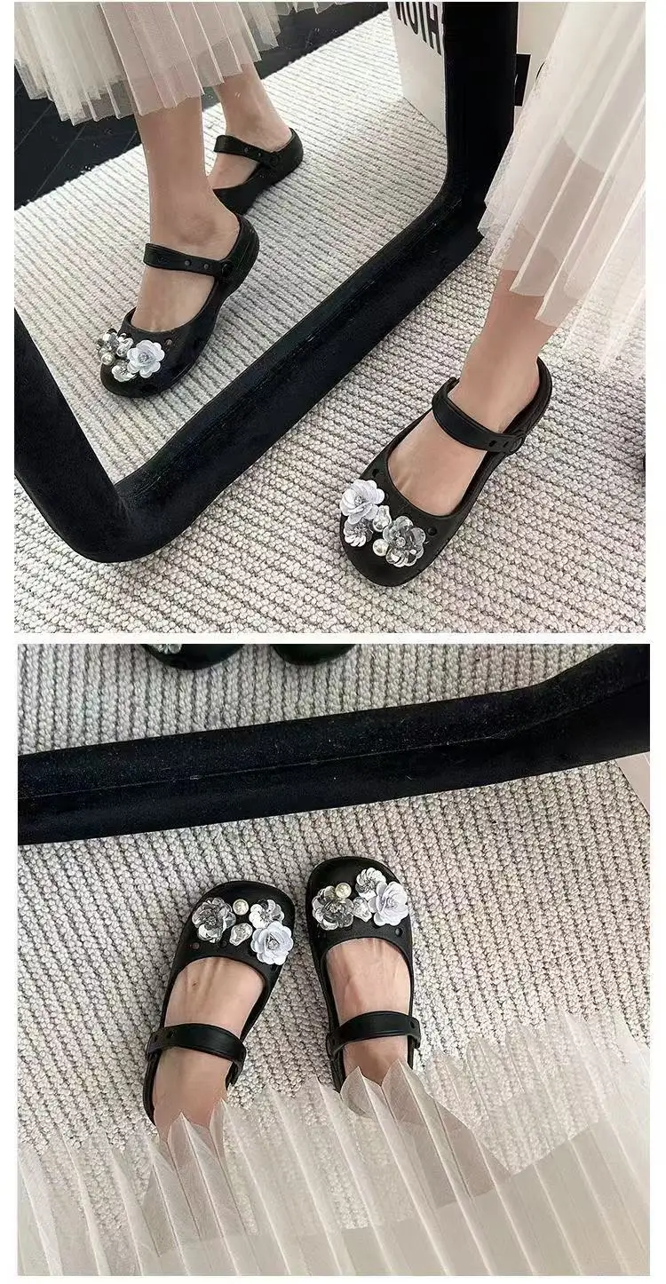 2026 Neue Sommer-Pantoffeln für Damen, Luxuriöse Perlen-Metall-Blumen-Designer-Ballettschuhe, Damensandalen für drinnen und draußen – Detail 15