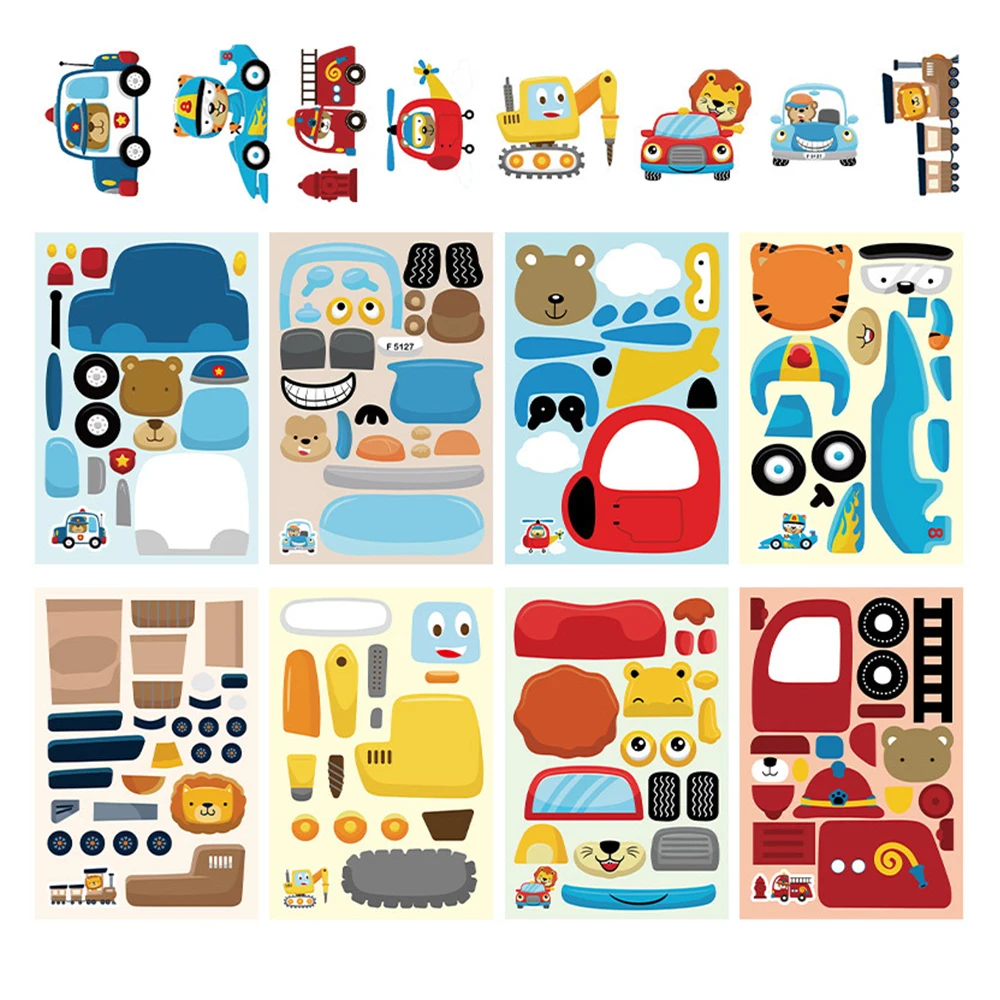 

8/16sheets Funny Animal Transportation Vehicle Car Stickers Make a Face DIY Cartoon Assemble Jigsaw Decals for Theme Party Toy