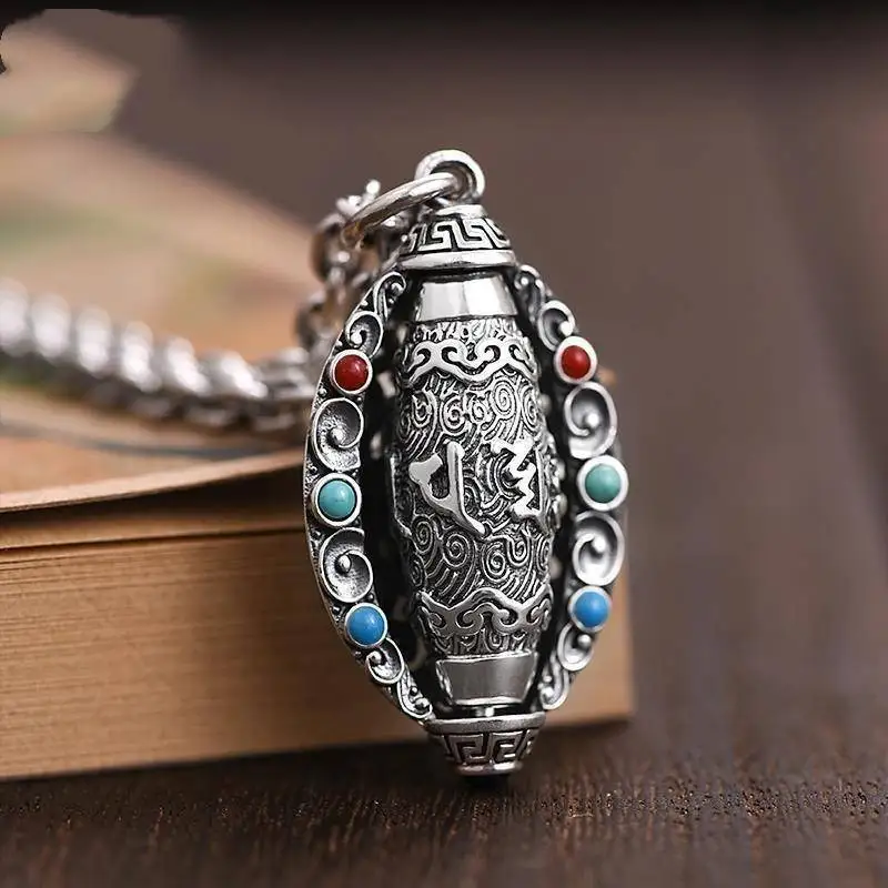 Silver 925 Rotating Bead Six Character Mantra Necklace Turquoise Nine Eye Tianzhu Pendant for Men Women Retro keel Chain Jewelry