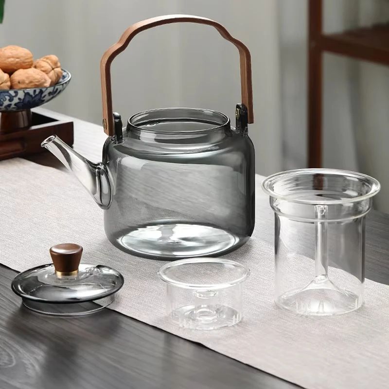 Gray Glass Teapot with Infuser Heat Resistant Tea Kettle Transparent Kung Fu Tea Set Portable Handle Pot Home Office Teaware