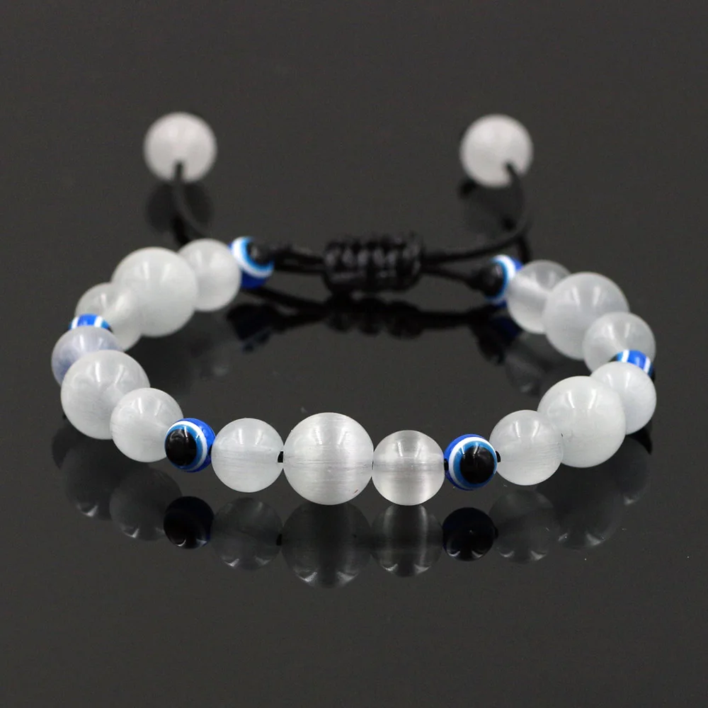Natural Cat Eye Stone 6 8 10mm Blue Evil Eye Beaded Bracelets Men Bangles Adjustable Women Bracelet Lucky Yoga Jewelry Gifts