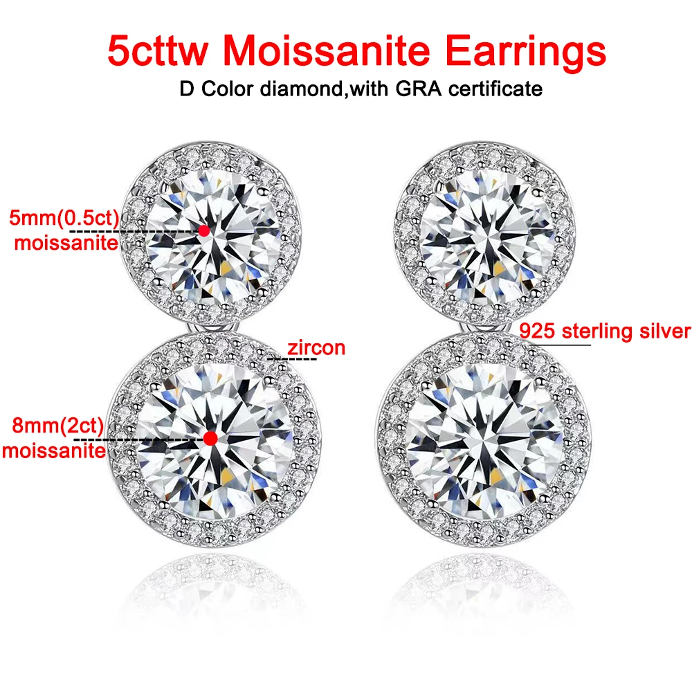 S925 Sterling Silver 5cttw Moissanite Earring for Women D Color VVS Double Round Diamond Drop Earring Jewelry With GRA Certified