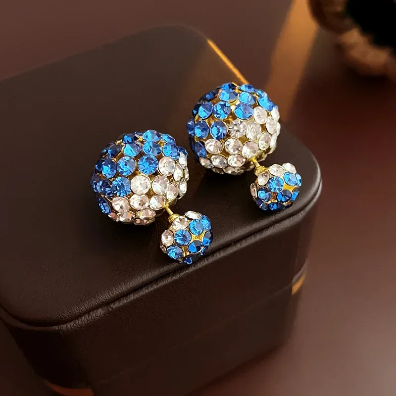 Bluey Rhinestone Ball Two Wear Stud Earrings for Women Delicate Fashion Light Luxury Advanced Silver Needle Jewelry Wholesale