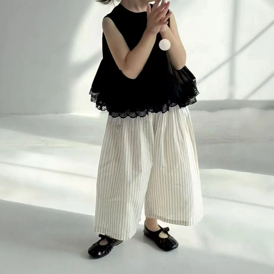 Girls' Set Fashion Doll Shirt Sleeveless Lace Black Vest+ striped Pants Mosquito Proof Pants Summer Girls' Clothing Sets image 3