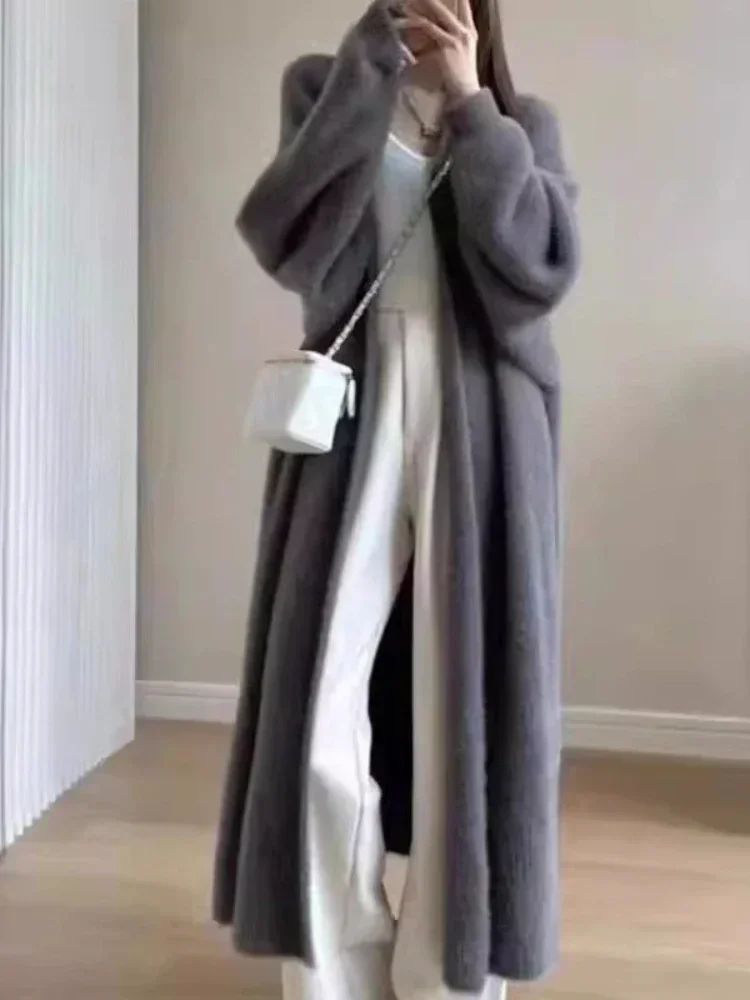 

Elegant Vintage Knitted Coat Winter Soft Loose Jacket Korean Casual Autumn Winter Fur Cardigan Women Solid Color Long Sweaters