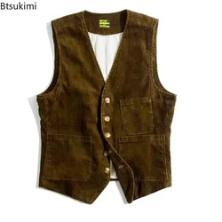 New Men's Retro Tooling Waistcoat Corduroy Vests Fashion Casual Versatile Vest Jackets V-Neck Gentleman Business Men's Tank Tops