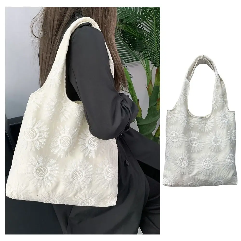 

Trendy Retro Shoulder Bag White Elegant Bohemian Handbag Sunflower Design Embroidery Lace Shopping Bag For Women