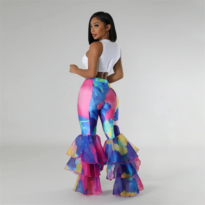 New Fashion Streetwear Women Skinny Tie Dye Print Long Flare Pants 2024 High Waist Ruffles Casual Pants Trousers Ladies Party