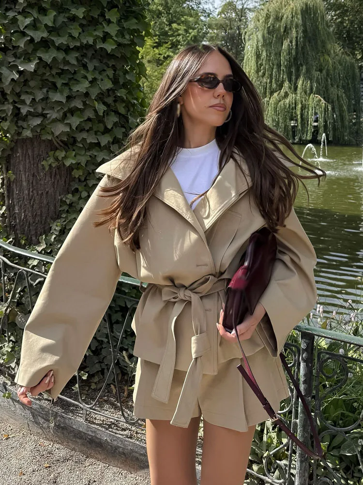 2026 Women Fashion Summer Suits Solid Turn-Down Collar Long Sleeves Lace-Up Single-Breasted Jackets+High Waist Zipper Shorts