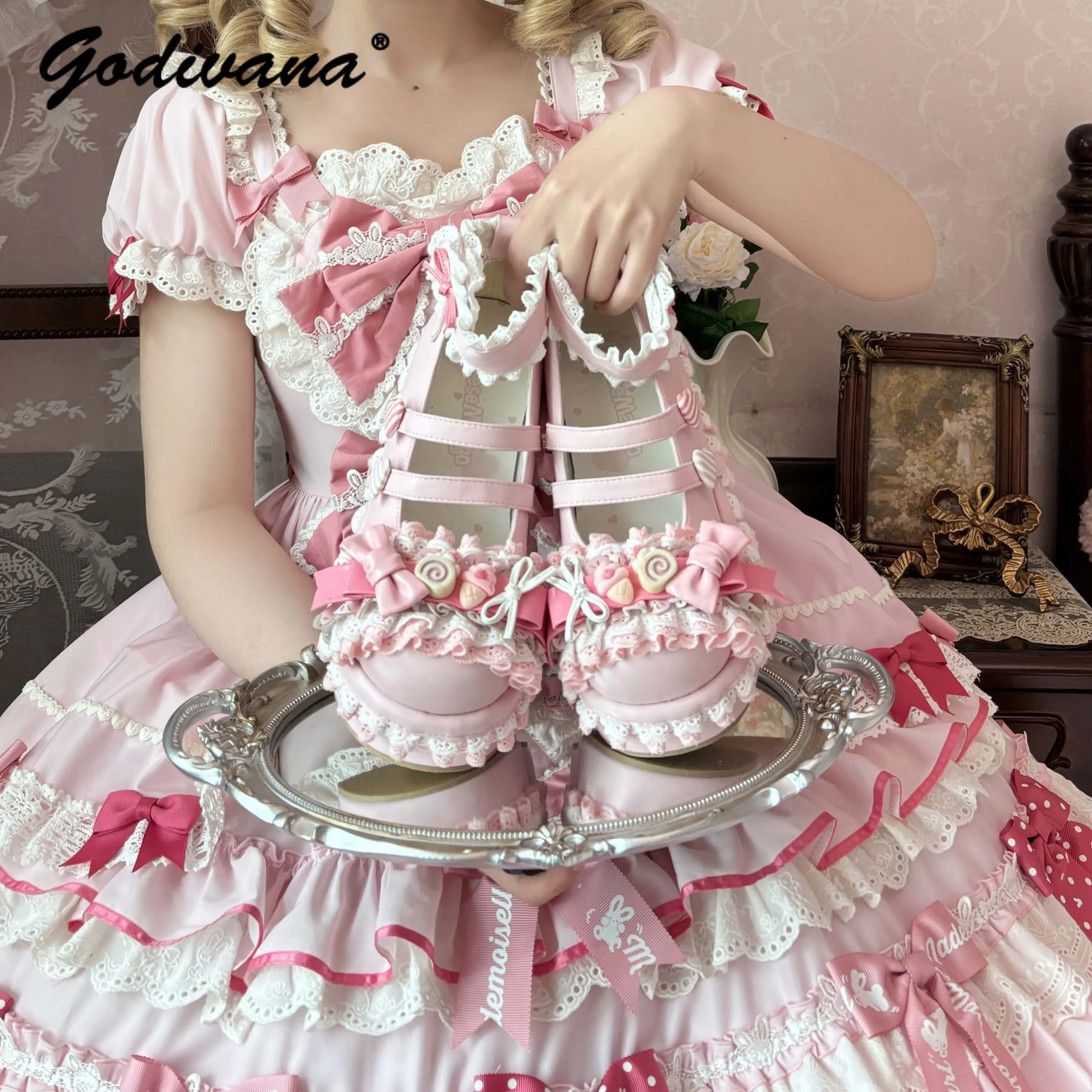 

Cream Cheese Macaron Original Lolita Round Toe Thick Soled Shoes Versatile and Cute Sponge Cake Shoes