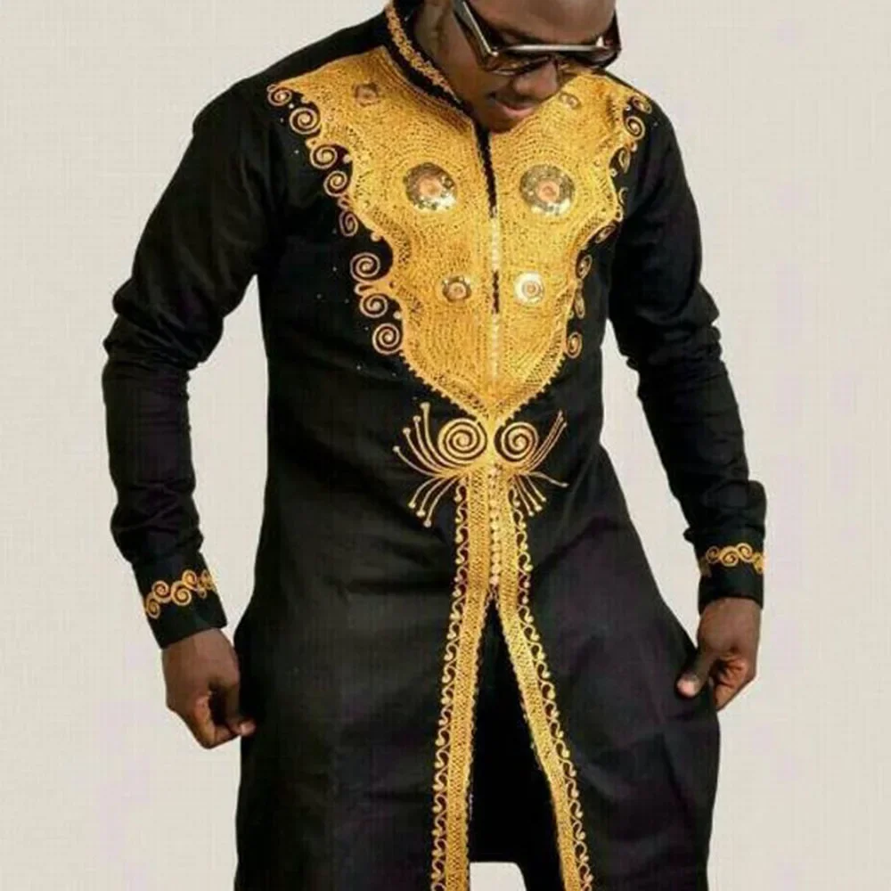 Abaya para hombre, camisa informal musulmana con estampado dorado, abertura hacia abajo, longitud media, estilo africano, talla grande, 2024