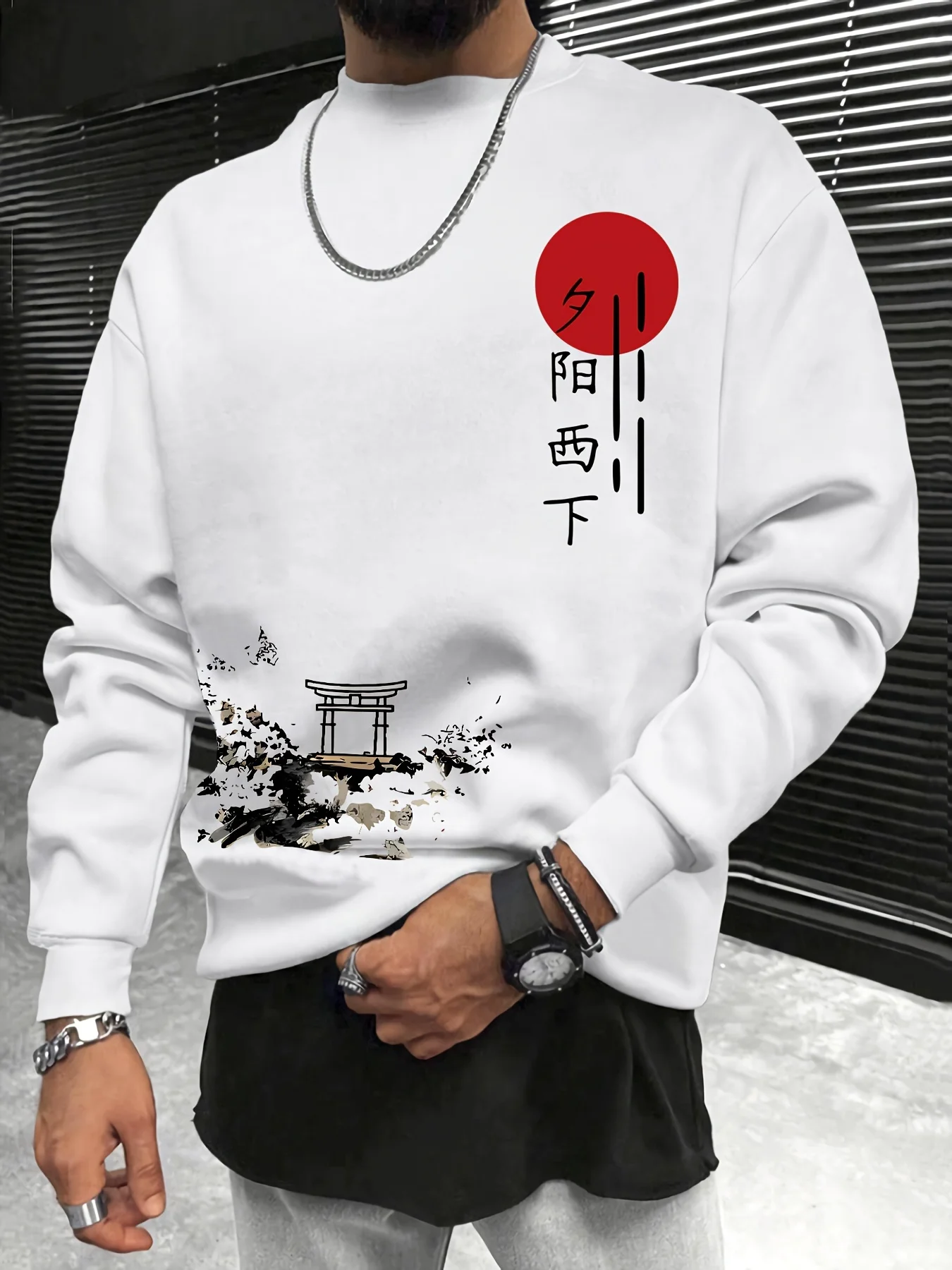 Moletom masculino com gola redonda, estilo antigo, padrão simples, manga comprida, camiseta estampada, gola redonda solta, moletom com capuz, tamanho 
