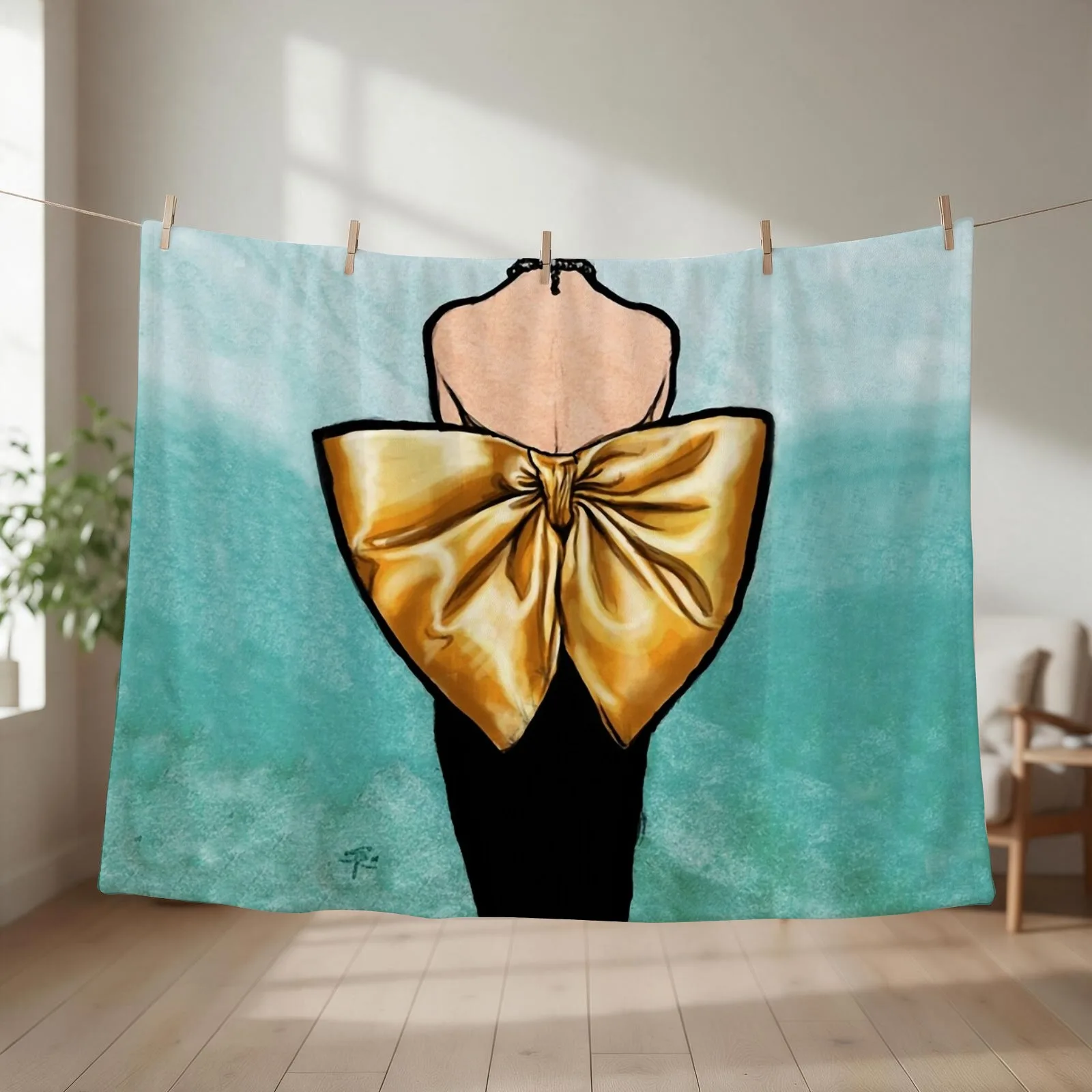 Little Black Dress with a Big Golden Bow Vintage fashion art Throw Blanket Stuffeds Thermal Travel Blankets