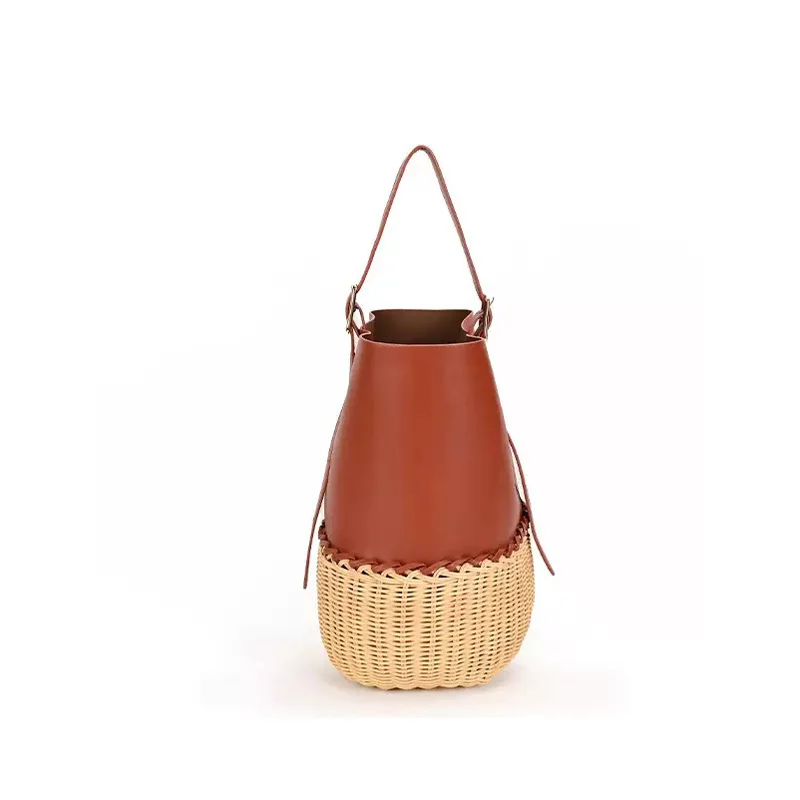 CLAREGQI  Women's Leather & Rattan Bucket Bag Adjustable Strap Summer Beach Woven Shoulder Tote Bag Casual Bohemian Handbag for