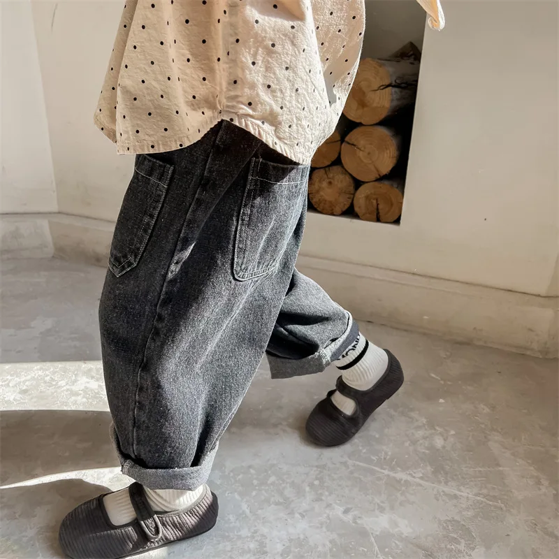 Children\'s Loose Denim Pants 2024 Autumn Korean Baby Boys Haren Pants Girls Casual Jeans Kids Clothes
