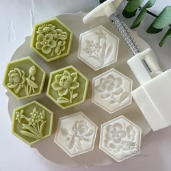 4Pcs 50-60g Hexagon Flower Mooncake Mold Mid-Autumn Festival Chinese Style Lotus Narcissus Peony Fondant Cake Decoration Tools