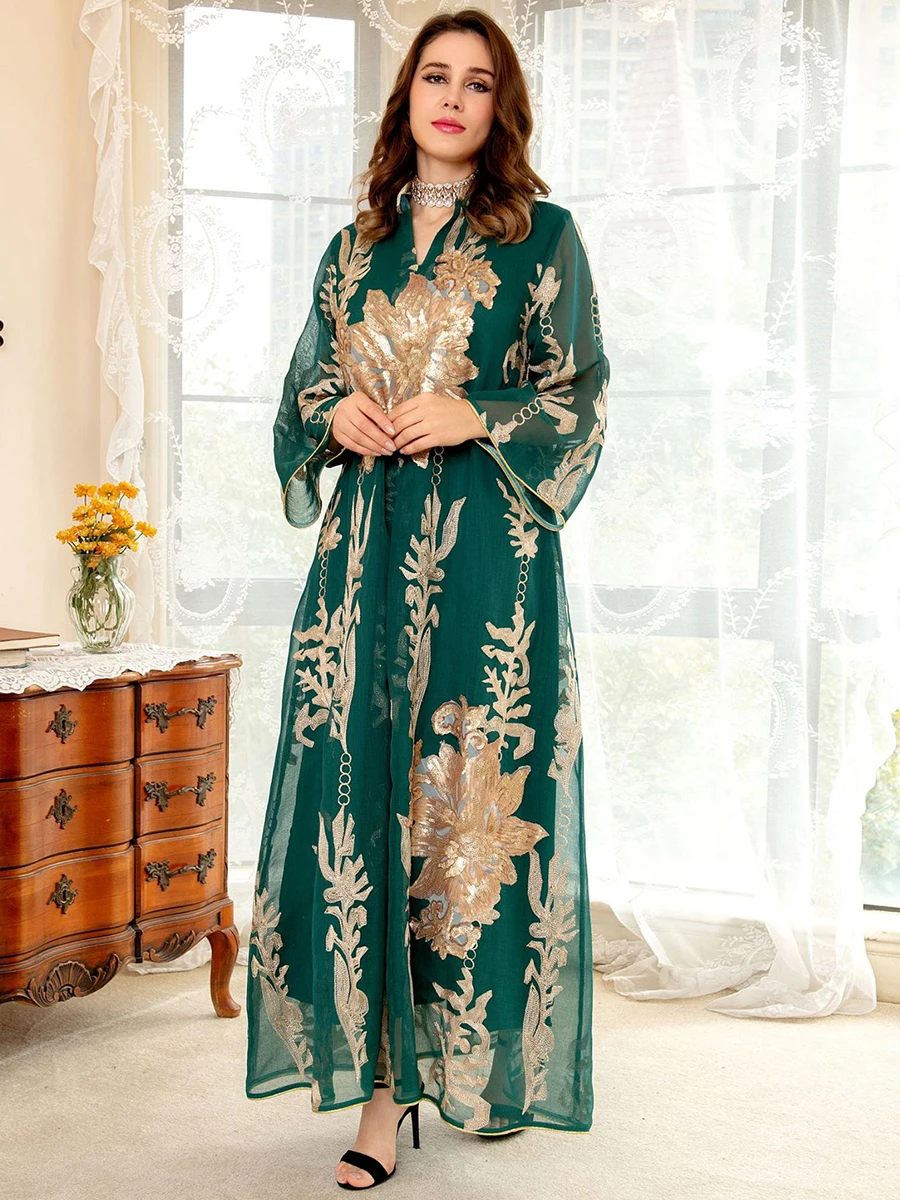 Muslim Party Evening Gown Dress for Women Chic Sequins Gold Thread Embroider Notched Stand Collar Long Sleeve Moroccan Caftan