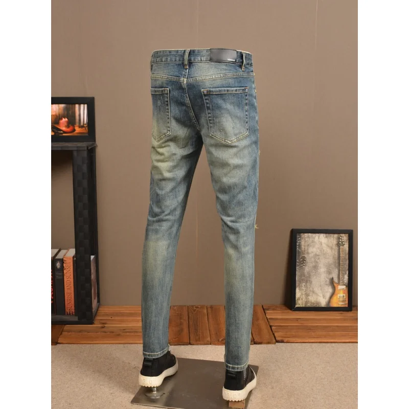 2024 New Retro Make Old Ripped Jeans Men's Street Stretch Slim Fit Skinny High-End Ruffle Handsome Patch Men's Pants