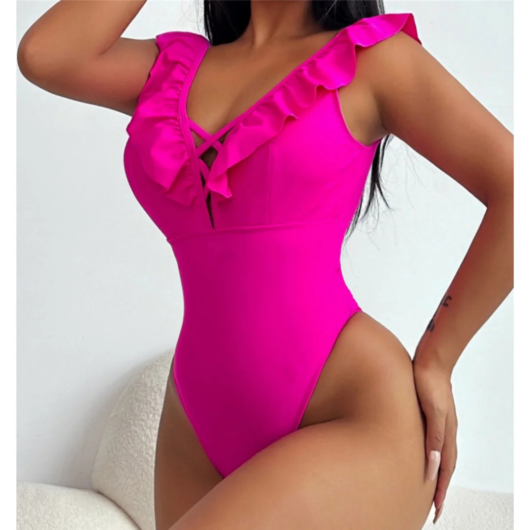 Neuer, verführerischer, rüschiger, rückenfreier Badeanzug, einteilig, für Damen, mit hohem Beinausschnitt, Monokini, Badebekleidung, Badeanzug, Modell V5890. – Detail 11