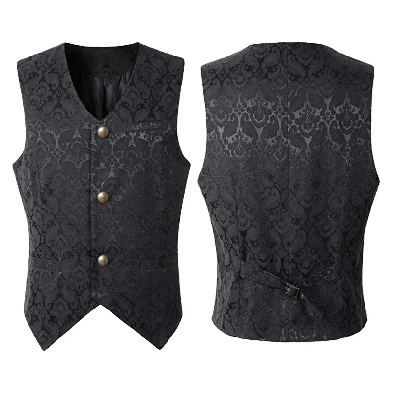 Black Vest Men Renaissance Steampunk Coat Gothic Jacquard Waistcoat Single Breasted Business Formal Dress Vest for Suit