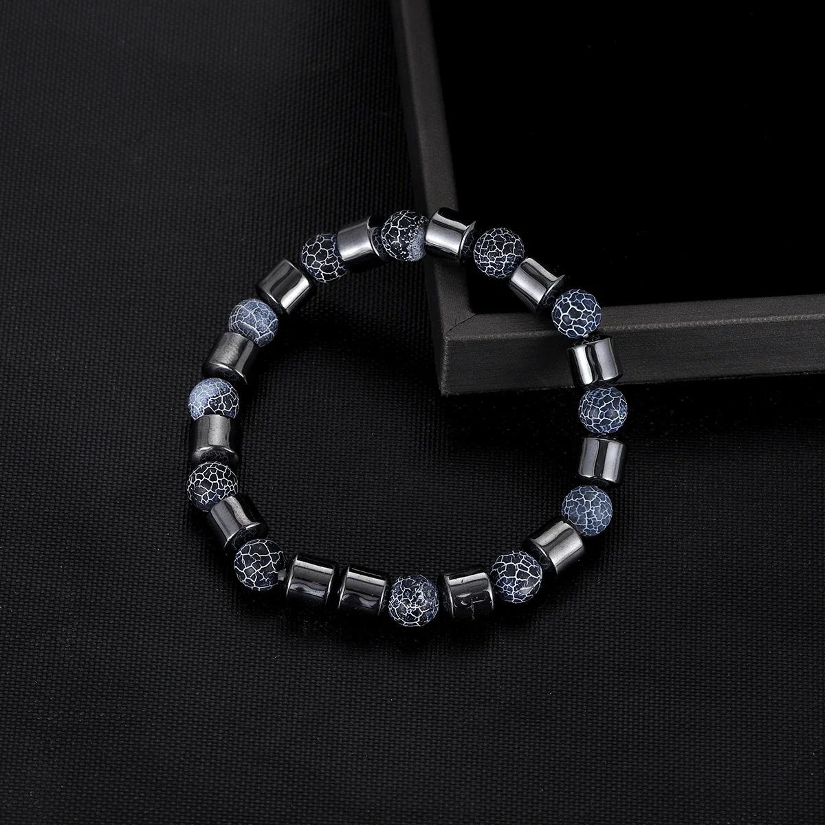 Men's Natural Map Stone & Blue Imperial Jasper Bracelet 8mm Hematite Beaded Stretch Wristband Yoga Healing Energy Jewelry Gift