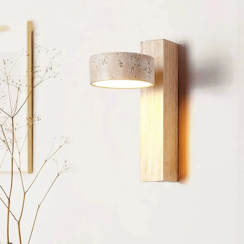 Cream Style Bedroom Bedside Wall Lamp With Pull Switch Wire Rotatable Led Light Stone Homestay Log Wood Walnut Soft Down Lights