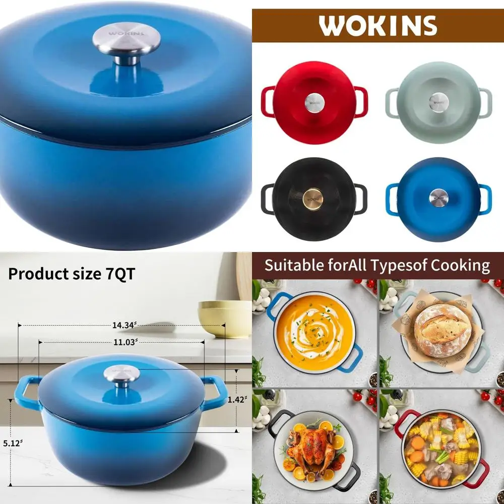 

Blue 7-Quart Enamel Cast Iron Dutch Oven with Dual Handles, Ideal for Baking Sourdough, Braising, Stews, and Roasting, Oven Safe