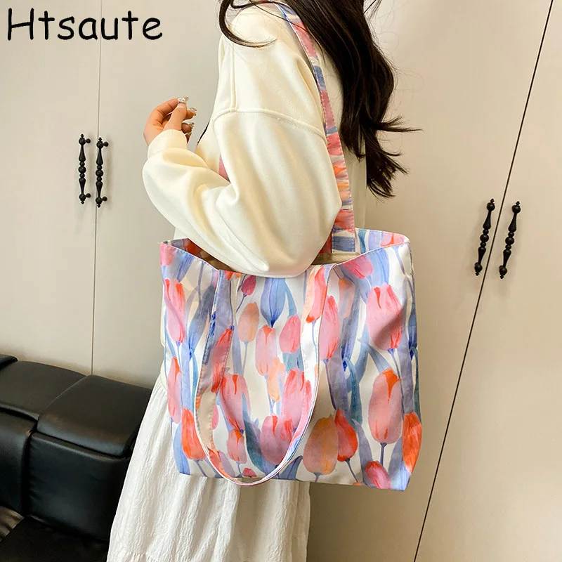 

Flower Printed Canvas Tote Bag For Women Wildflower and Books Shopping Bag Vintage Teacher Reusable Female Shoulder Bags