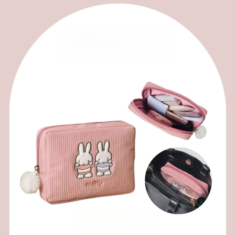 Miffy Kawaii Anime Cartoon Cosmetic Bag Cute Exquisite Personality Simple Japan Embroidery Corduroy Storage Cosmetic Bag