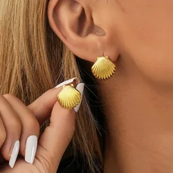 Stainless Steel Shell Stud Earring For Women Gold Color Vintage Shell Piercing Earring 2024 Trend Wholesale Ocean Jewelry Gift