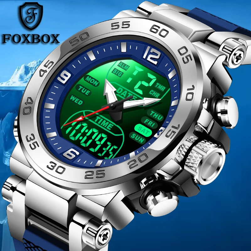 

FOXBOX часы с двойным дисплеем, мужские силиконовые спортивные водонепроницаемые мужские кварцевые наручные часы, модные часы со светодиодной подсветкой и двойным временем для мужчин